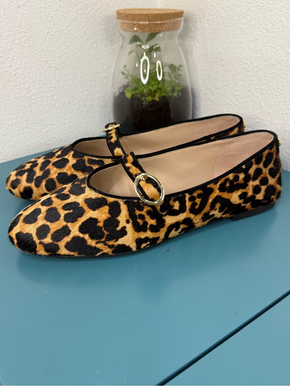 Stuart Weitzman Leopard Print Mary Jane Flats with Gold Buckle NWOB